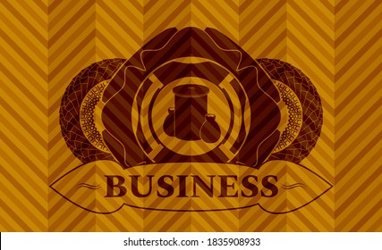 trash icon and Business text abstract orange emblem. Geometric graceful background. Intense illustration. 