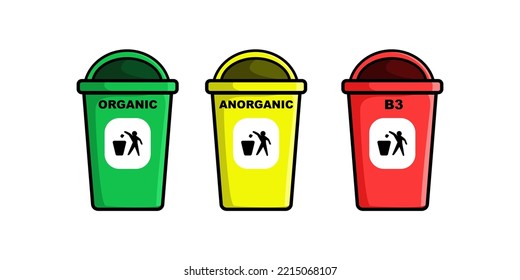 trash icon, green for organic, yellow for inorganic, red for B3.
