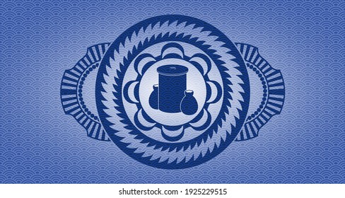 trash icon inside blue japanese style pattern realistic badge. Geometric exquisite background. Artistic illustration. 