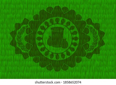 trash icon inside grass pasture emblem. Eco fancy background. Illustration. 
