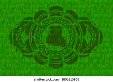 trash icon inside green turf grass badge. Eco handsome background. Artistic illustration. 