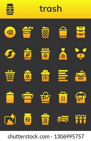 trash icon set. 26 filled trash icons.  Collection Of - Skip, Can, Bucket, Trash can, Inbox, Recycle, Recycling, Garbage, Filter, Waste, Left alignment, Compost, Garbage truck