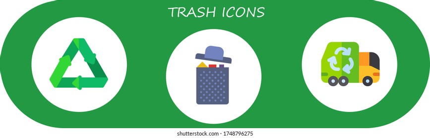 trash icon set. 3 flat trash icons. Included recycling, garbage, garbage truck icons