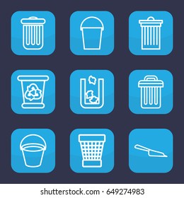 Trash icon. set of 9 outline trash icons such as trash bin, bucket, dustpan