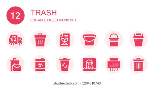 Trash Icon Set. Collection Of 12 Filled Trash Icons Included Garbage Truck, Trash, Recycled Paper, Bucket, Recycle Bin, Waste, Recycling Bin, Shredder, Bin