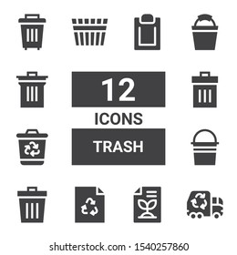 trash icon set. Collection of 12 filled trash icons included Garbage truck, Recycled paper, Recycle, Trash, Bucket, Recycling bin, Bin, Padnote