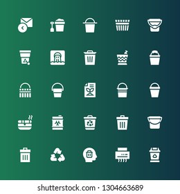 trash icon set. Collection of 25 filled trash icons included Trash, Shredder, Delete, Recycle, Bucket, Recycling bin, Waste, Ashtray, Recycled paper, Reply