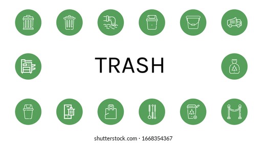 trash icon set. Collection of Garbage, Trash, Waste, Bin, Bucket, Garbage truck, Plastic bag, Cleaning brush, Recycle bin, Separator, Photocopier icons