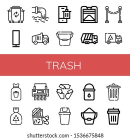 Trash Icon Set. Collection Of Waste, Paper Lamp, Garbage Truck, Bin, Bucket, Compost, Separator, Garbage, Rubbish, Shredder, Recycle Bin, Recycle, Water Bucket, Trash, Garbage Bin Icons