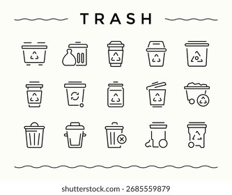 Trash icon set. Contains such symbols as dustbin, bin, pollution, recycling, dump, junk and more. Bin modern icon set. Outline symbol collection. Editable stroke collections.