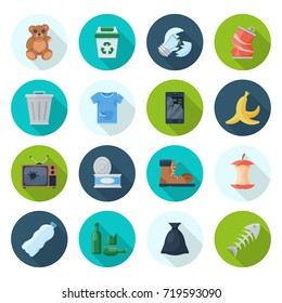 Trash Icon Set. Garbage Dump And Recycle Button, Industrial And Yard Waste. Vector Flat Style Cartoon Illustration Isolated On White Background