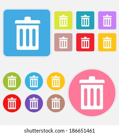Trash icon set for web and application interface, flat button