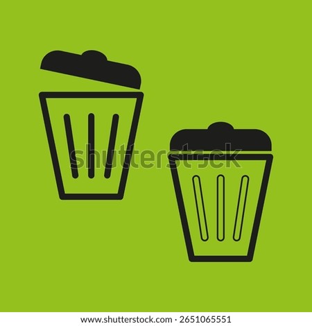 Trash icon symbol. Open bin design. Black waste illustration. Bright green background.