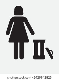 Trash icon with Tidy women symbol, do not litter icon, keep clean, dispose of carefully and thoughtfully symbol, Images with Copy Space, vertical,  Individual Icon, Include people