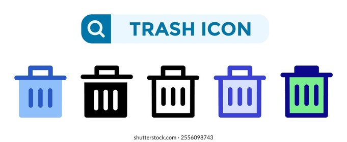 Trash icons in 5 different vector illustration styles. Settings icons in flat, solid, line, blue and color styles. Vector illustrations can be used for web, mobile, ui