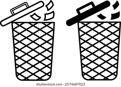 Trash Icons. Black and White Vector Icon. Trash Can with Lid and Junk Files. Office Concept