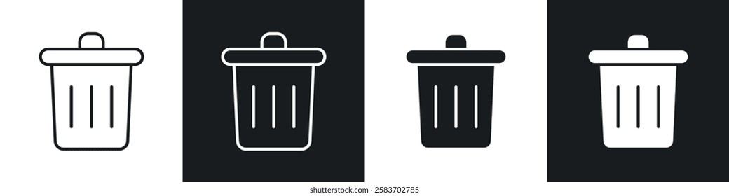 Trash icons collection in black and white filled and line versions