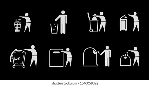 Trash icons and recycle signs. Vector elements on black background. Ready for use in your design. EPS 10.