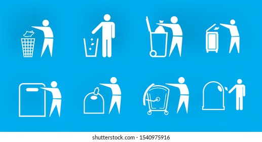 Trash icons and recycle signs. Vector elements on blue background. Ready for use in your design. EPS 10.