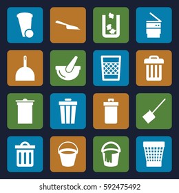 trash icons set. Set of 16 trash filled icons such as bucket