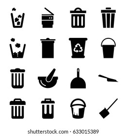 Trash icons set. set of 16 trash filled icons such as dustpan, recycle bin