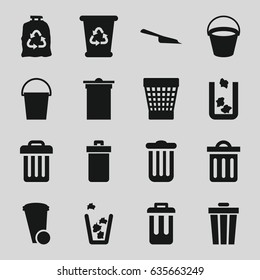 Trash icons set. set of 16 trash filled icons such as bucket, dustpan