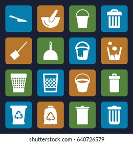 Trash icons set. set of 16 trash filled icons such as bucket, dustpan