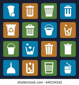 Trash icons set. set of 16 trash filled icons such as bucket, trash bin, dustpan, recycle bin