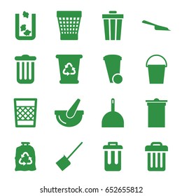 Trash icons set. set of 16 trash filled icons such as dustpan, recycle bin, bucket