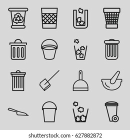 Trash icons set. set of 16 trash outline icons such as bucket, dustpan