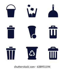 Trash icons set. set of 9 trash filled icons such as trash bin, dustpan, recycle bin, bucket