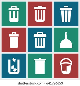 Trash icons set. set of 9 trash filled icons such as trash bin, dustpan, bucket