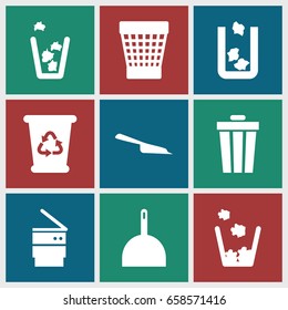 Trash icons set. set of 9 trash filled icons such as trash bin, dustpan