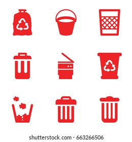 Trash icons set. set of 9 trash filled icons such as bucket, recycle bin