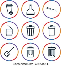 Trash icons set. set of 9 trash outline icons such as trash bin, dustpan