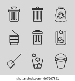 Trash icons set. set of 9 trash outline icons such as bucket, dustpan