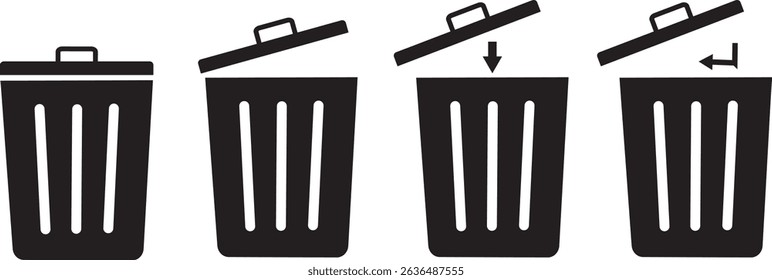 Trash icons vector black icons. Trash can sign, trash dustbin sign icon, delete sign and symbol. delete button. Vector illustration,