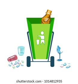Trash, isolated elements. Icons of glass garbage.Broken glass and glass bottles. Vector illustration