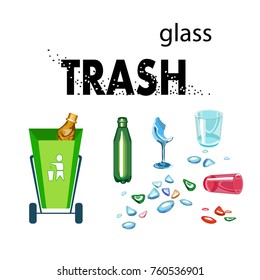 Trash, isolated elements. Icons of glass garbage.Broken glass and glass bottles. Vector