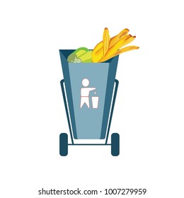Trash, isolated elements. Icons of organic garbage. Apple snacks, banana skin , cabbage next to a garbage can. Vector illustration