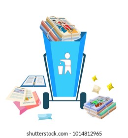 Trash, isolated elements. Icons of organic garbage. Icons of paper debris. Old newspapers, papers and magazines next to a garbage pot. Vector illustration