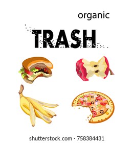 Trash, isolated elements. Icons of organic garbage. Apple snacks, banana skin and cheeseburger with pizza