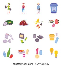 Trash Landfill And Separation Rubbish Vector Cartoon Icon. Set Illustration Of Garbage And Container With Waste.Vector Set Of Icon Sorting Trash.