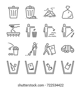 Trash line icon set. Included the icons as garbage, dump, refuse, bin, sweep, litter and more.