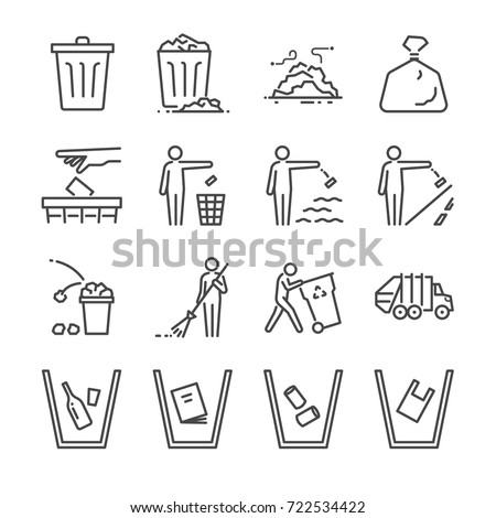 Trash line icon set. Included the icons as garbage, dump, refuse, bin, sweep, litter and more.