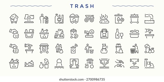 Trash line icon set. Recycle line icon set. Containing junk, rubbish, bin, dump, environment and more. Editable vector.