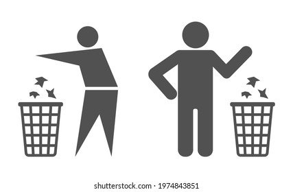 hombre de basura con símbolo de advertencia de icono de la cesta de basura aislado en fondo blanco