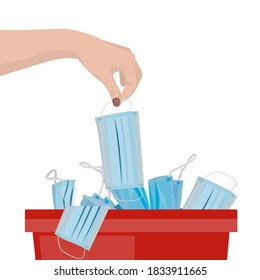 Trash, medical mask. Concept end of the quarantine, life after coronavirus, covid-19. Vector illustration