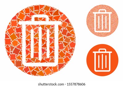 Trash mosaic of inequal pieces in different sizes and color hues, based on trash icon. Vector abrupt pieces are combined into collage. Trash icons collage with dotted pattern.