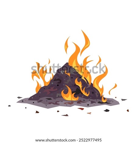 Trash on fire. Burning heap of garbage. Vector illustration isolated on a white background in cartoon style. Environmental pollution concept.